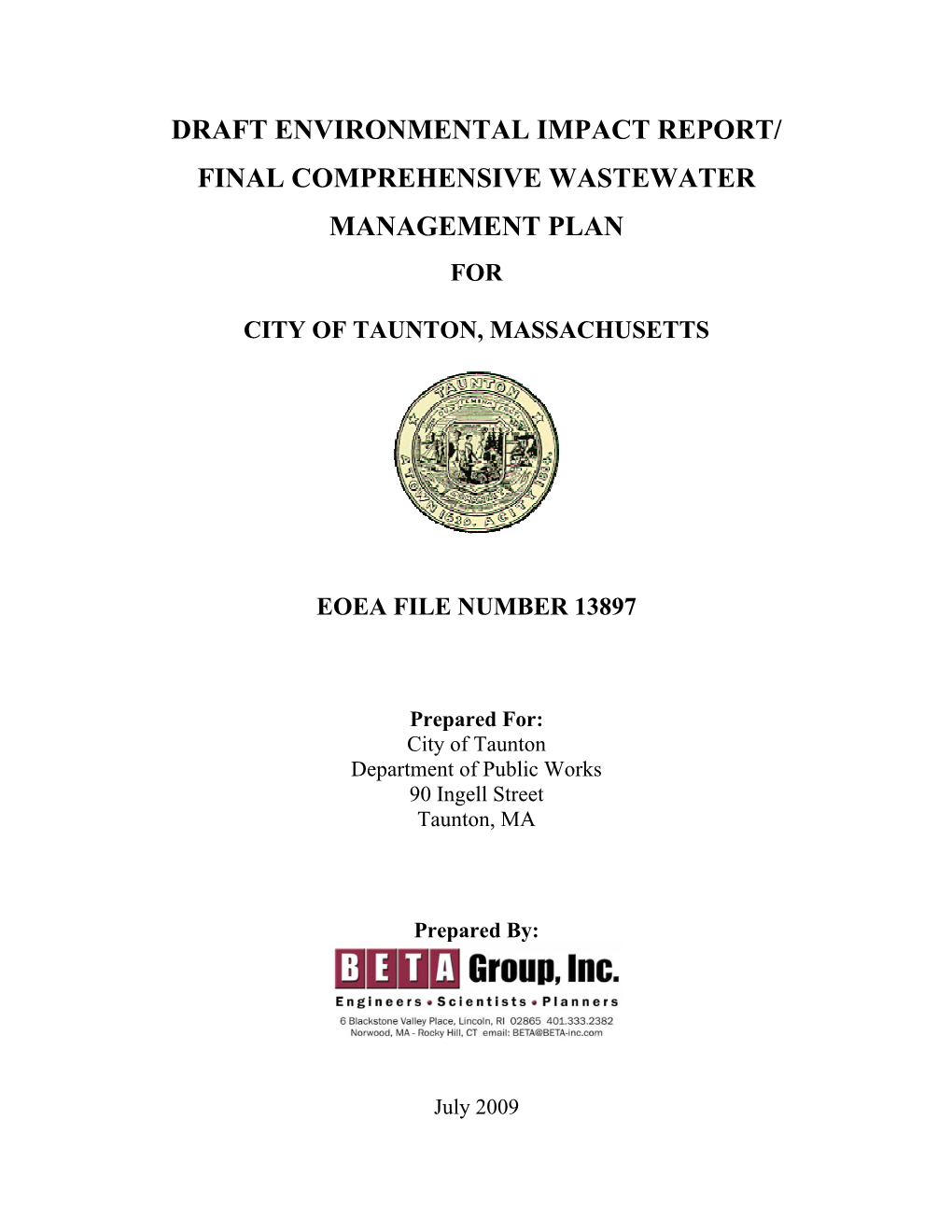 Draft Environmental Impact Report/ Final Comprehensive Wastewater Management Plan For