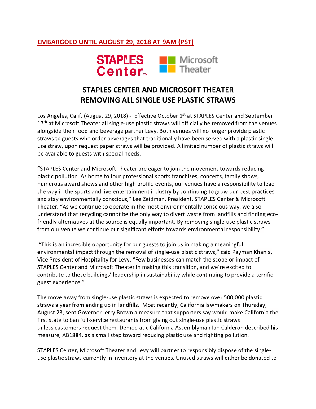 Staples Center and Microsoft Theater Removing All Single Use Plastic Straws