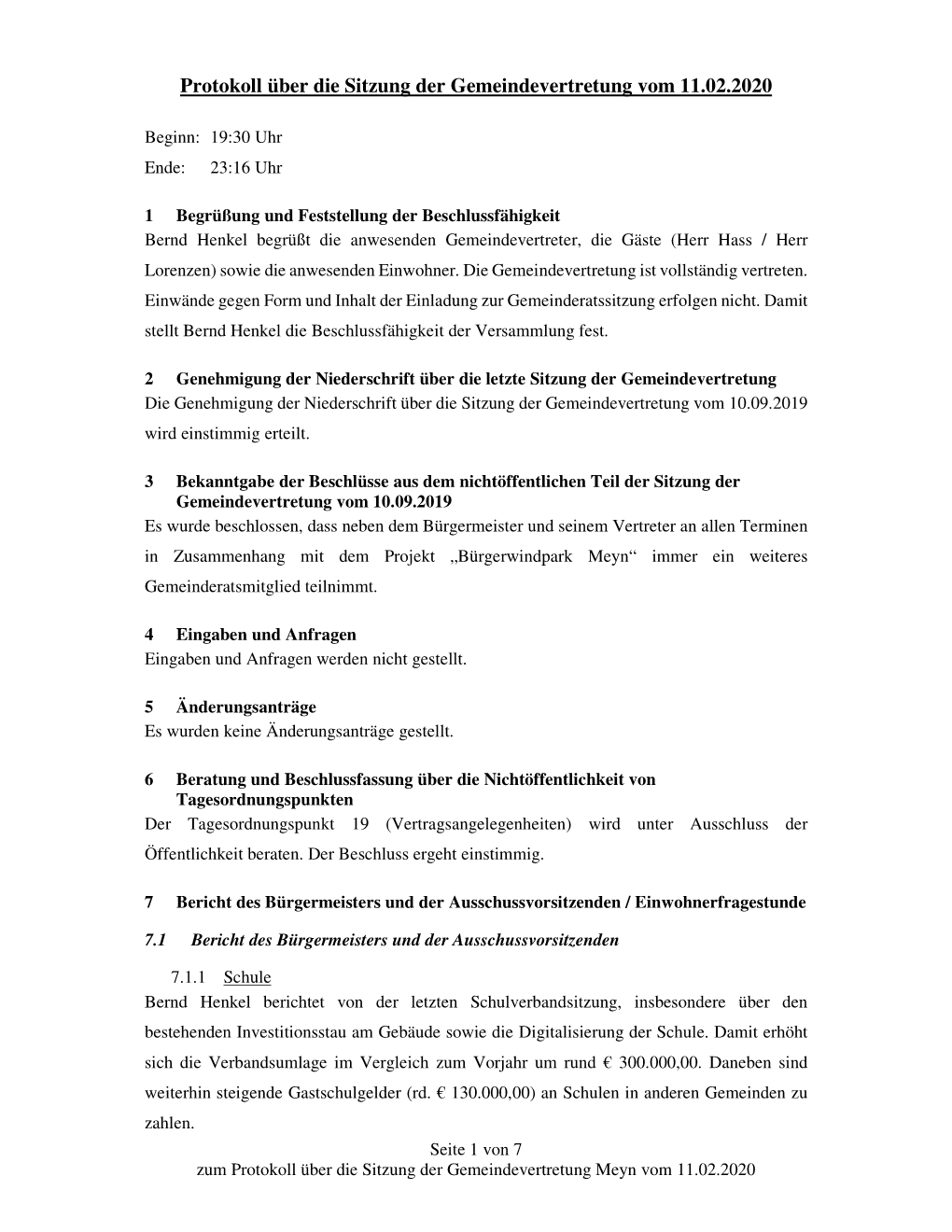 Protokoll Über Die Sitzung Der Gemeindevertretung Vom 11.02.2020