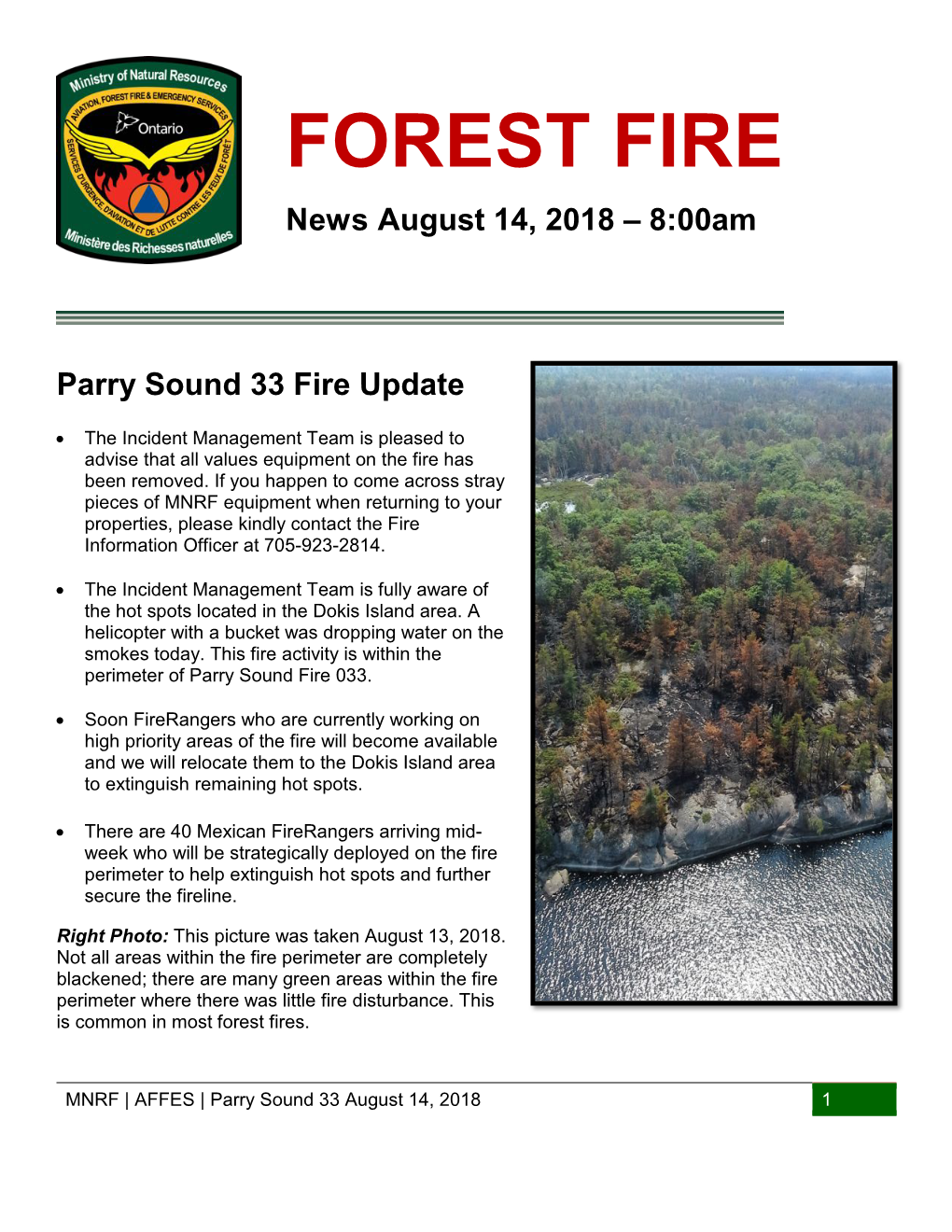 FOREST FIRE News August 14, 2018 – 8:00Am