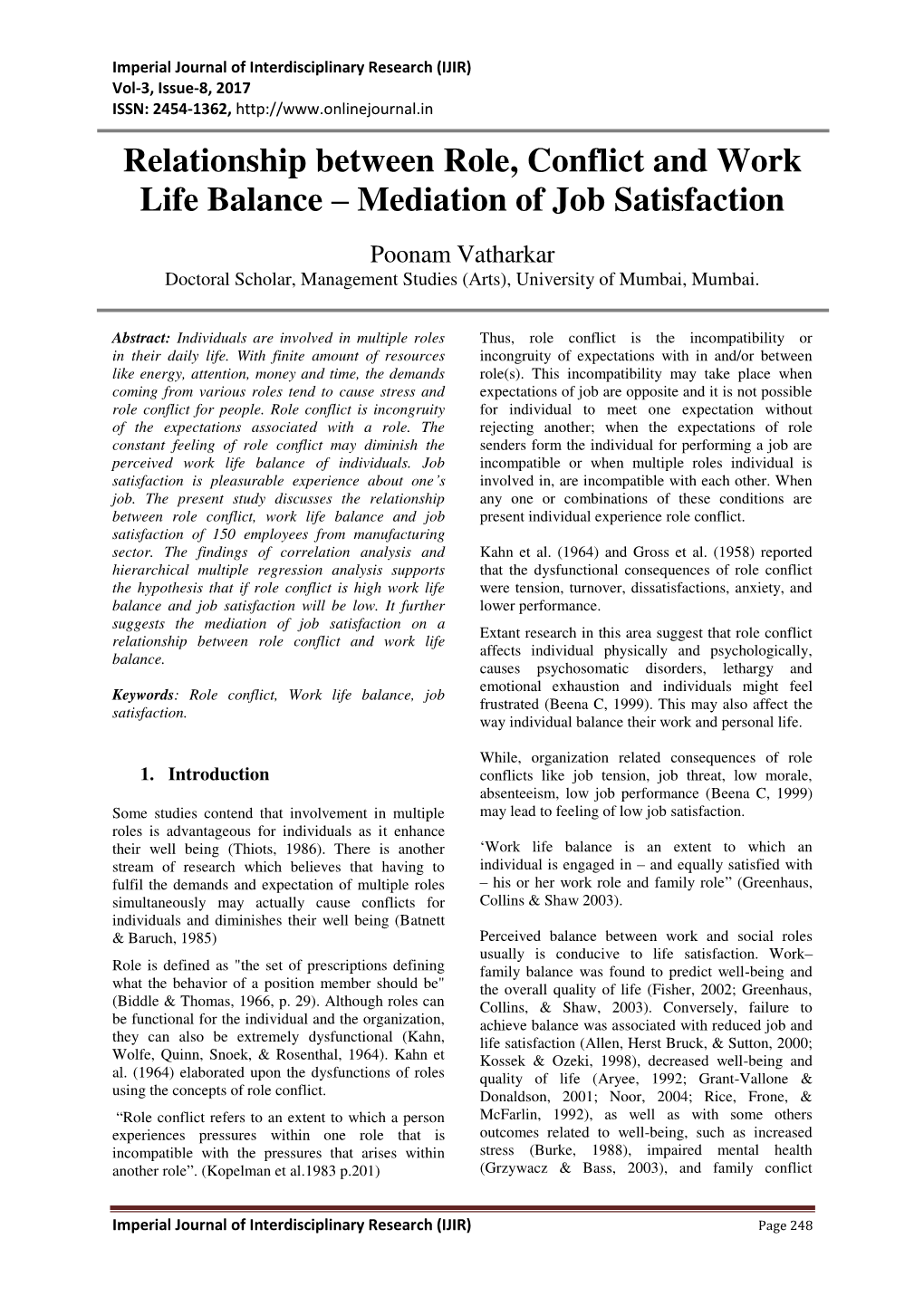 Relationship Between Role, Conflict and Work Life Balance – Mediation of Job Satisfaction