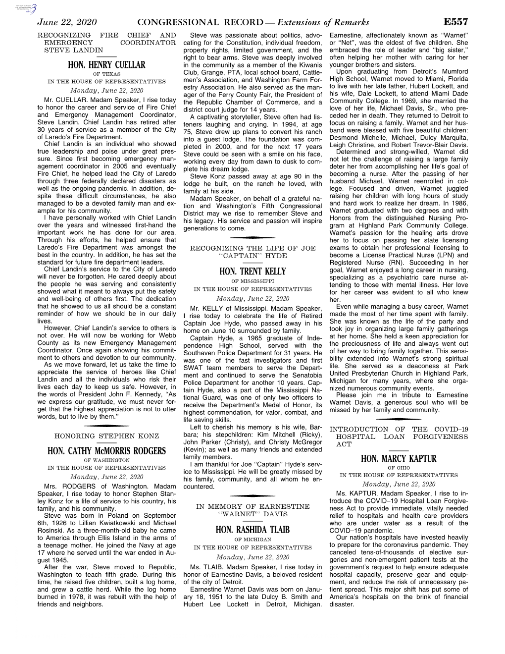 CONGRESSIONAL RECORD— Extensions of Remarks E557 HON. HENRY CUELLAR HON. CATHY Mcmorris RODGERS HON. TRENT KELLY HON. RASHIDA