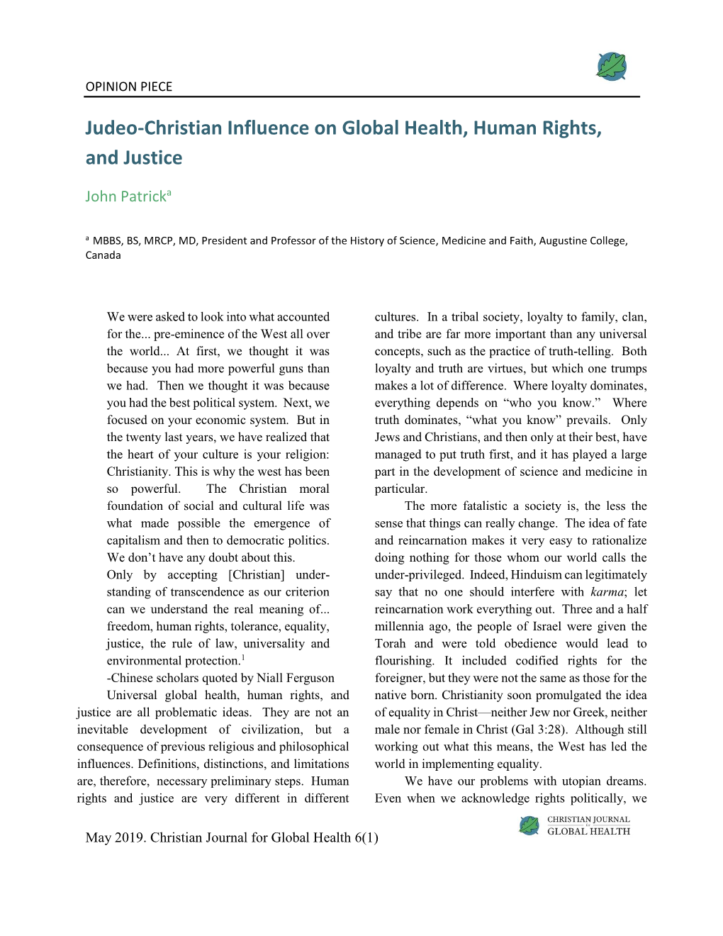 Judeo-Christian Influence on Global Health, Human Rights, and Justice