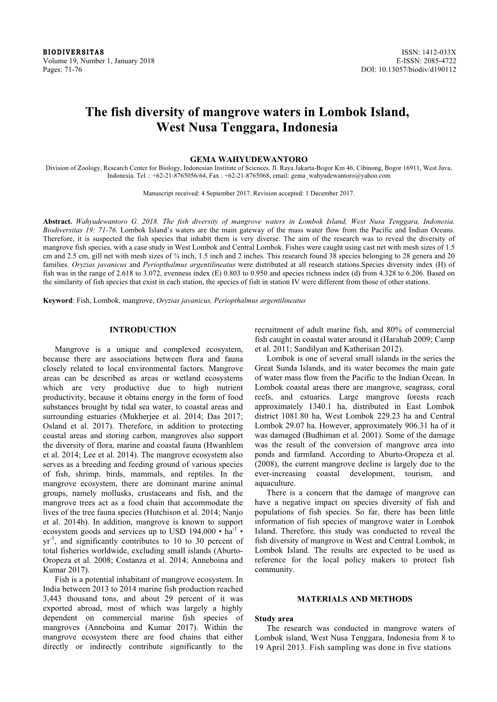 The Fish Diversity of Mangrove Waters in Lombok Island, West Nusa Tenggara, Indonesia