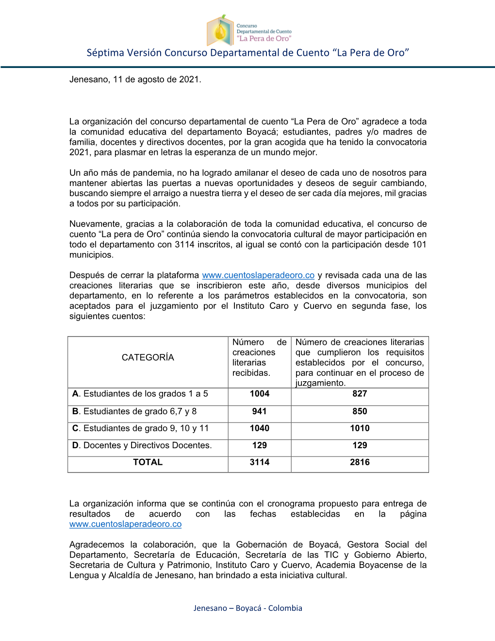 Séptima Versión Concurso Departamental De Cuento “La Pera De Oro”