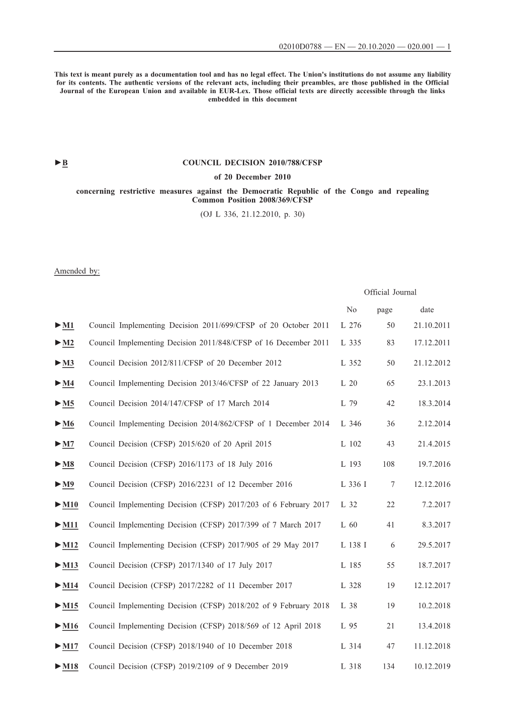 B COUNCIL DECISION 2010/788/CFSP of 20 December 2010 Concerning Restrictive Measures Against the Democratic Republic of the C