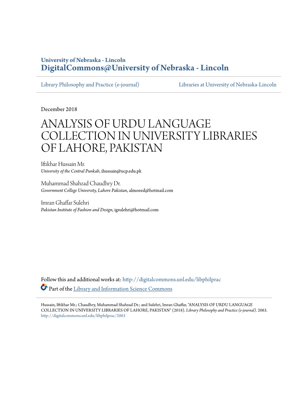 ANALYSIS of URDU LANGUAGE COLLECTION in UNIVERSITY LIBRARIES of LAHORE, PAKISTAN Iftikhar Hussain Mr