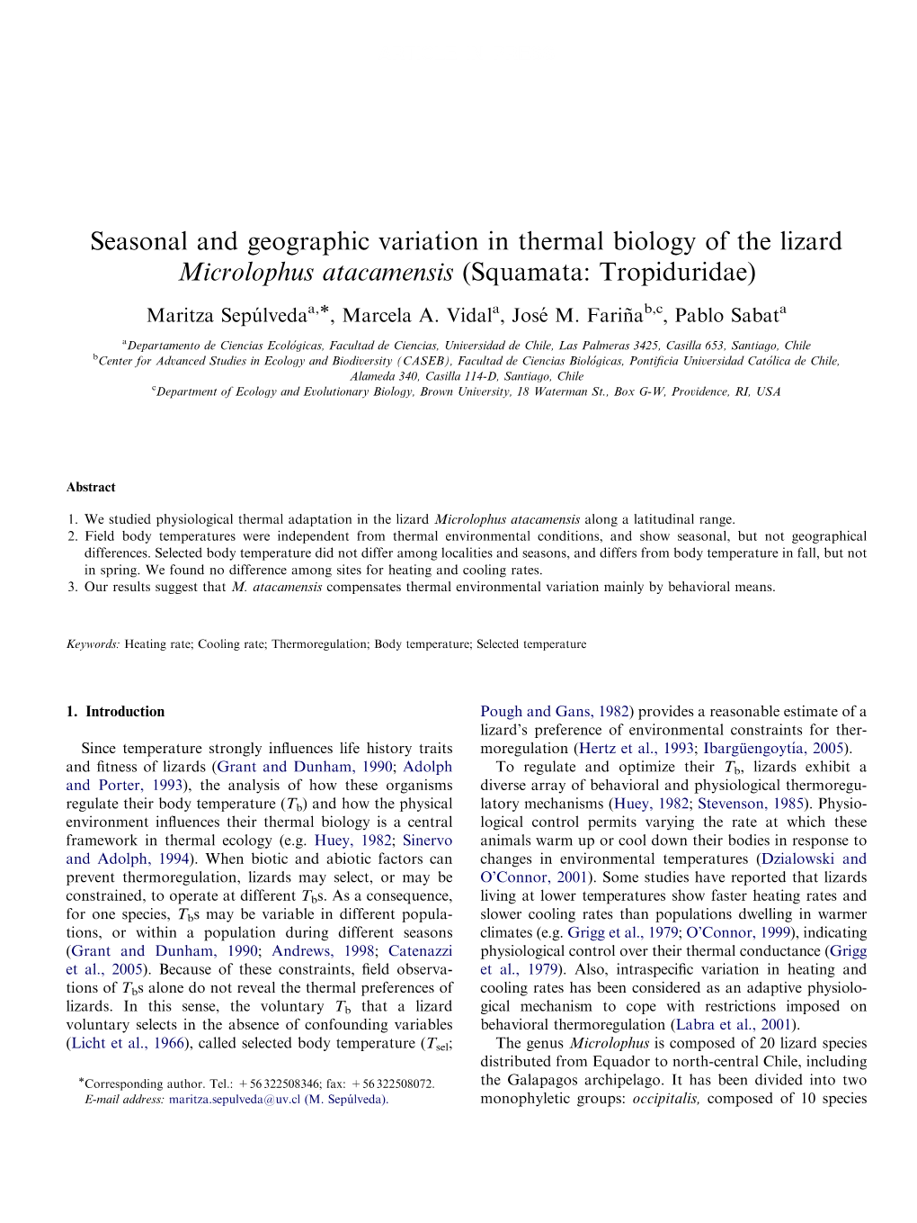 Seasonal and Geographic Variation in Thermal Biology of the Lizard Microlophus Atacamensis (Squamata: Tropiduridae)