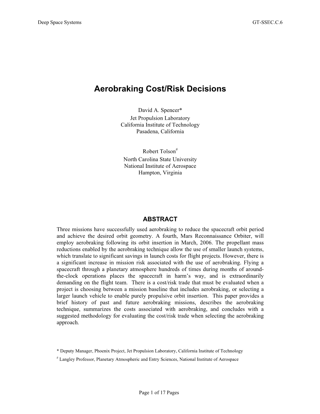 Aerobraking Cost/Risk Decisions