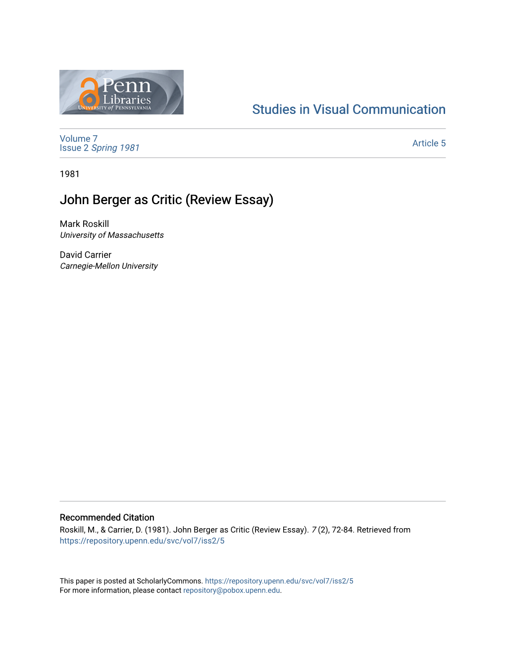John Berger As Critic (Review Essay)