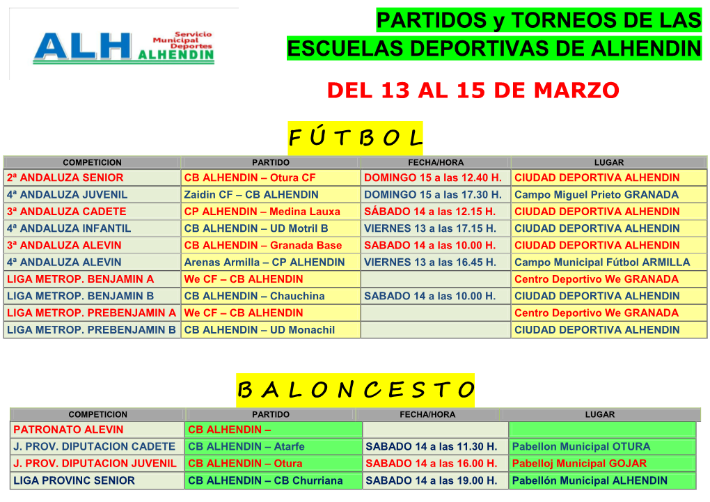 PARTIDOS Y TORNEOS DE LAS ESCUELAS DEPORTIVAS DE ALHENDIN DEL 13 AL 15 DE MARZO F Ú T B O L B a L O N C E S