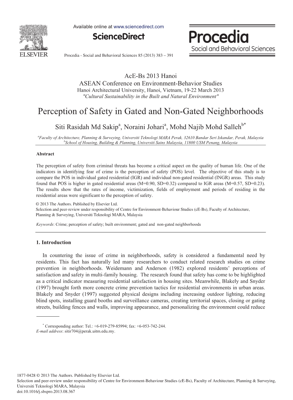 Perception of Safety in Gated and Non-Gated Neighborhoods