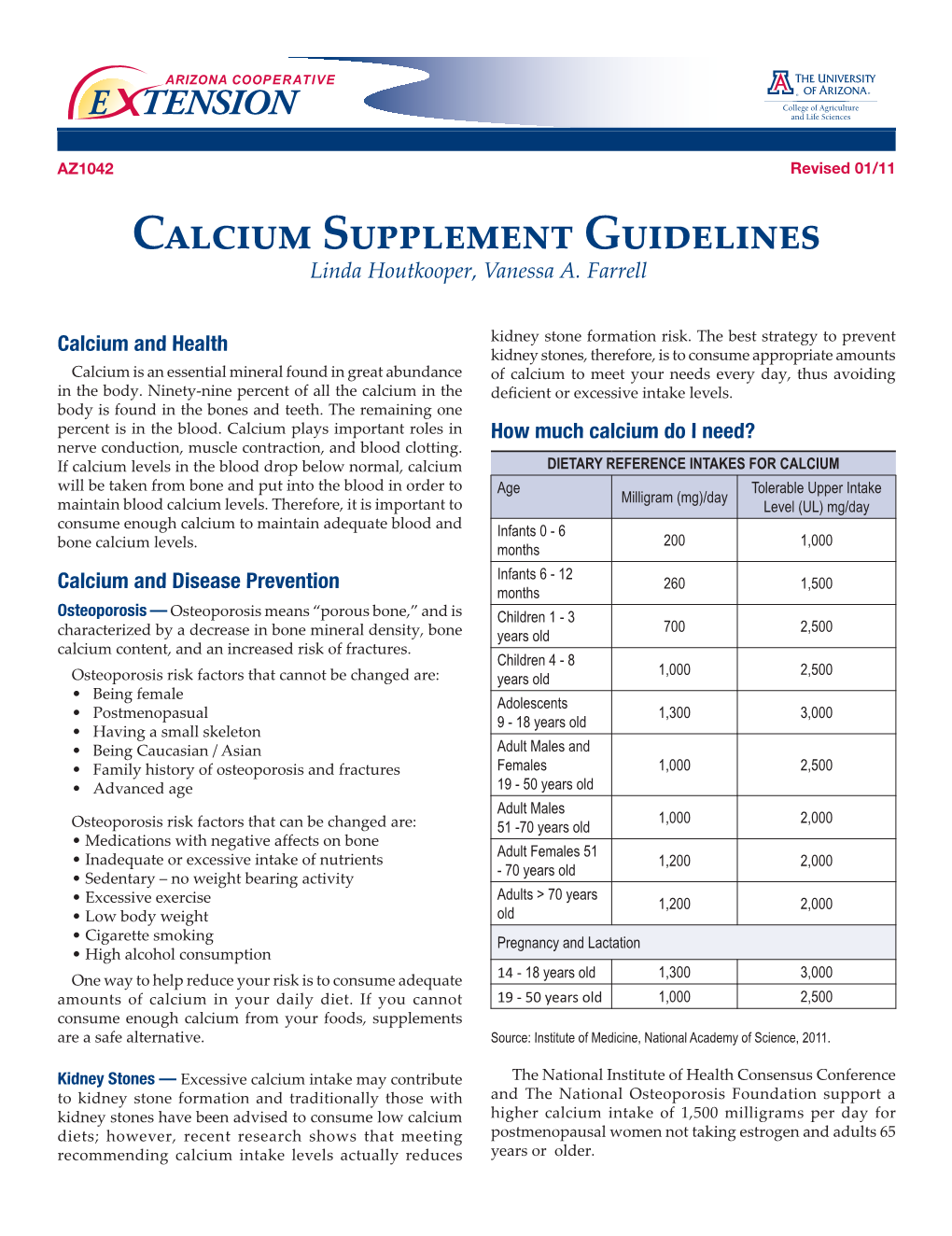 Calcium Supplement Guidelines Linda Houtkooper, Vanessa A