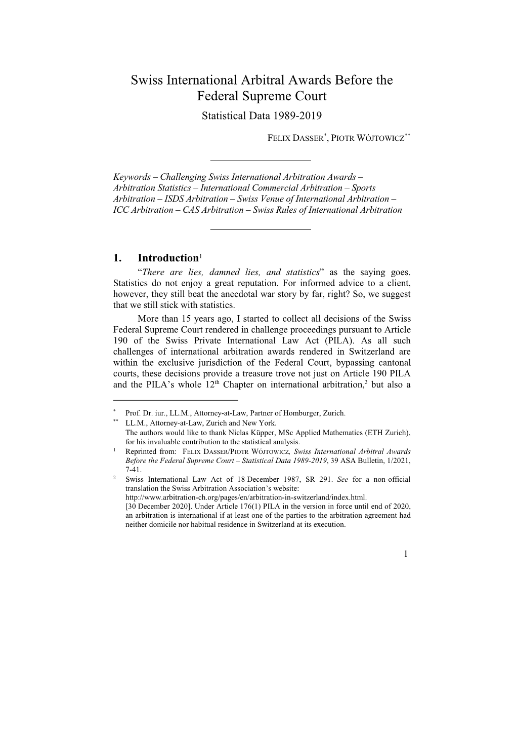 Swiss International Arbitral Awards Before the Federal Supreme Court Statistical Data 1989-2019