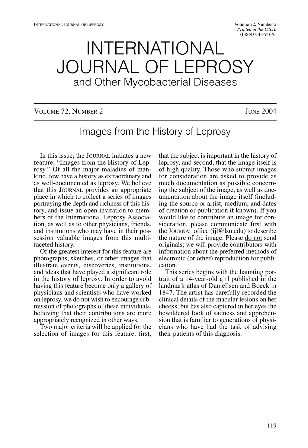 INTERNATIONAL JOURNAL of LEPROSY Volume 72, Number 2 Printed in the U.S.A