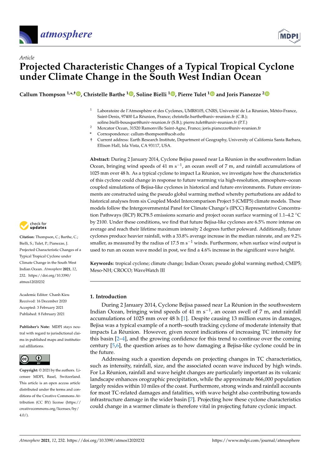 Projected Characteristic Changes of a Typical Tropical Cyclone Under Climate Change in the South West Indian Ocean
