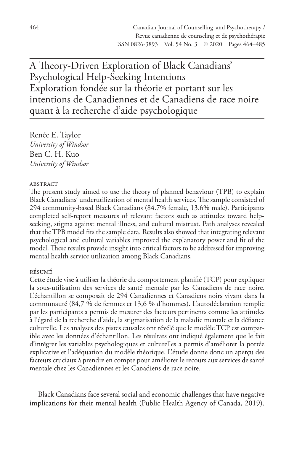 A Theory-Driven Exploration of Black Canadians' Psychological Help