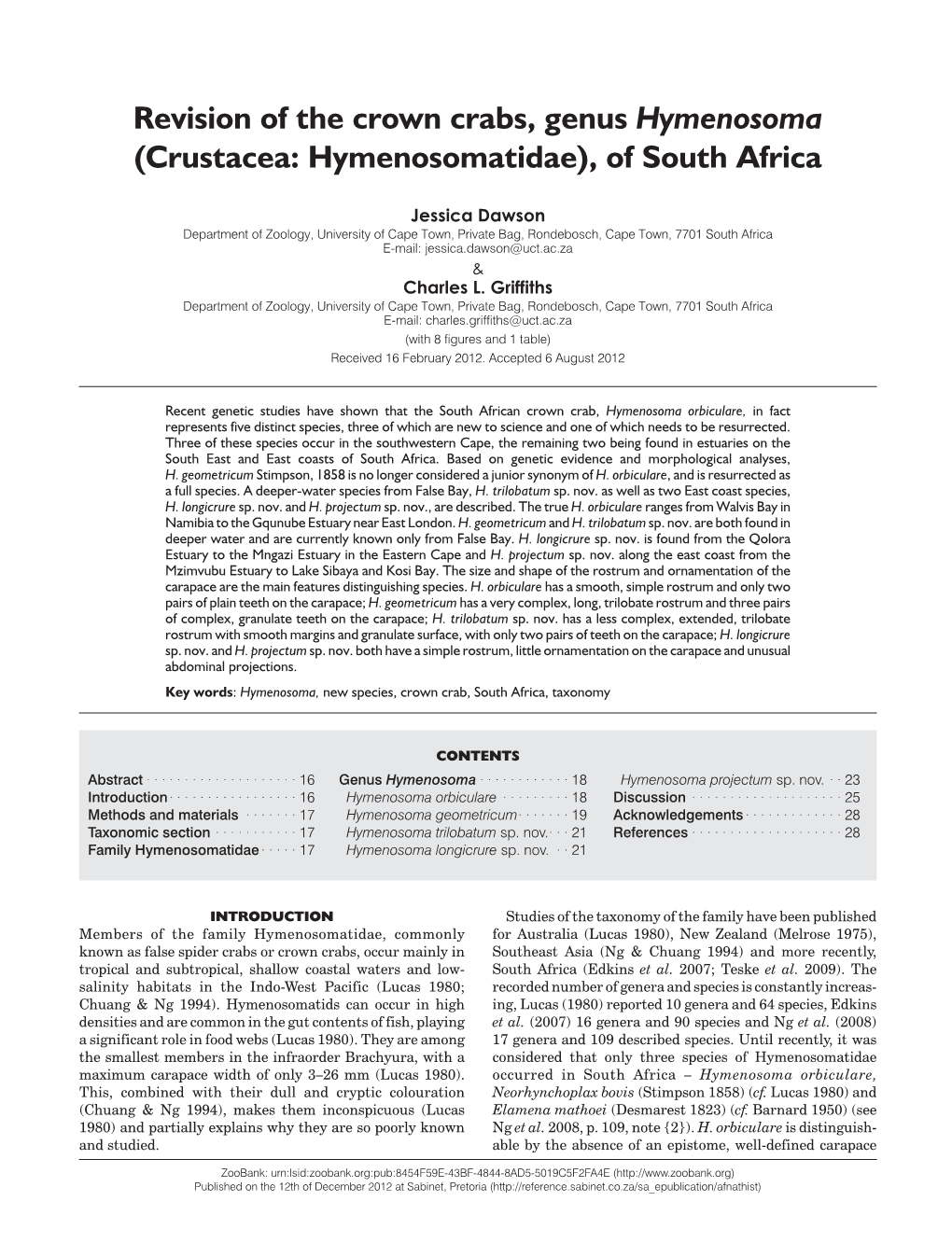 Revision of the Crown Crabs, Genus Hymenosoma (Crustacea: Hymenosomatidae), of South Africa