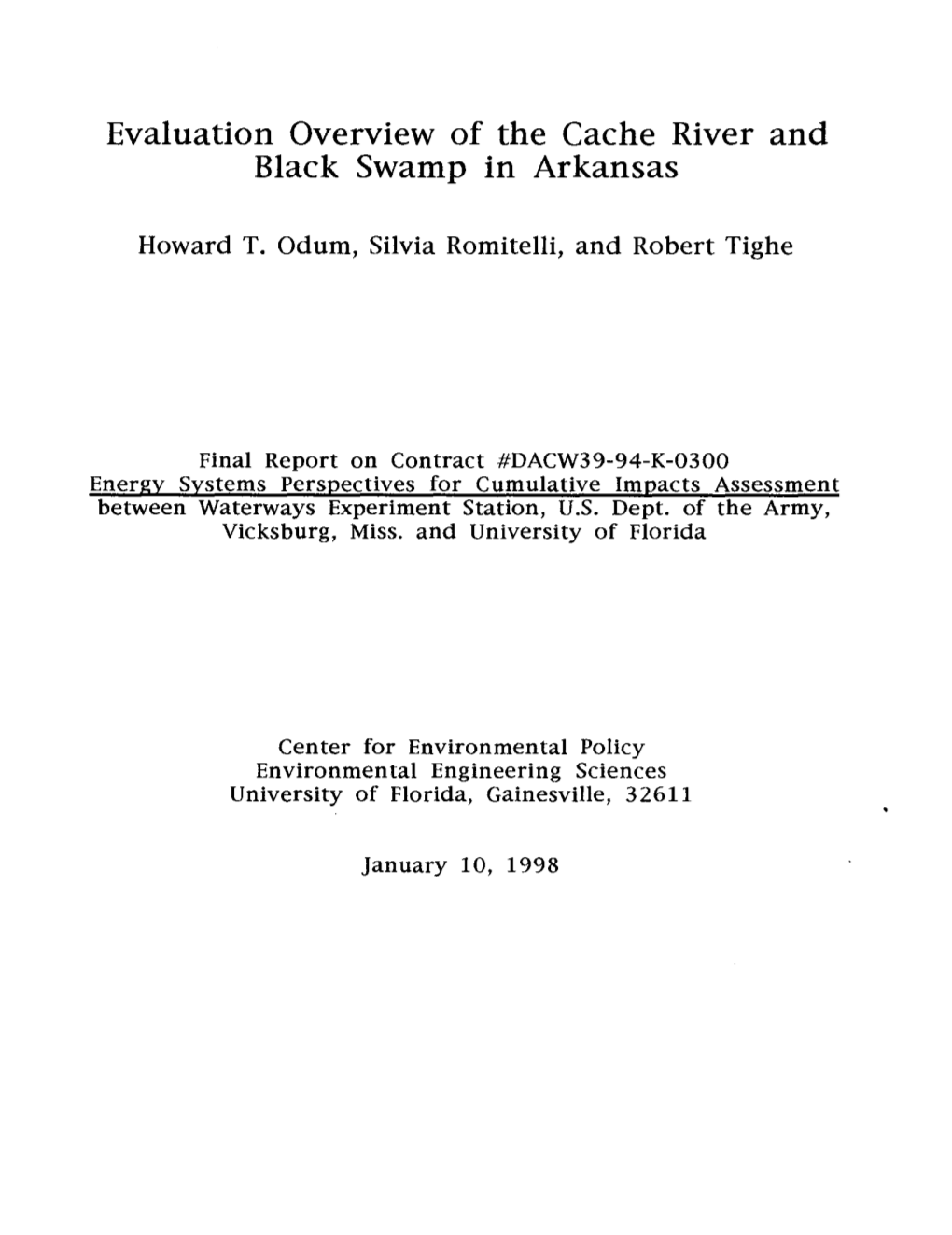 Evaluation Overview of the Cache River and Black Swamp in Arkansas