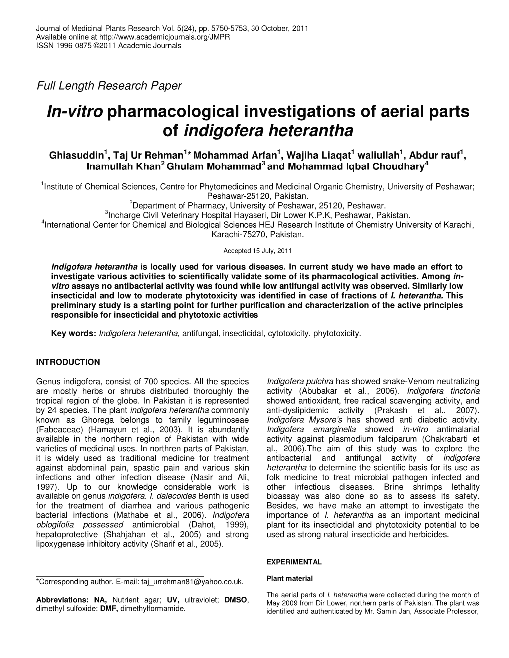 In-Vitro Pharmacological Investigations of Aerial Parts of Indigofera Heterantha