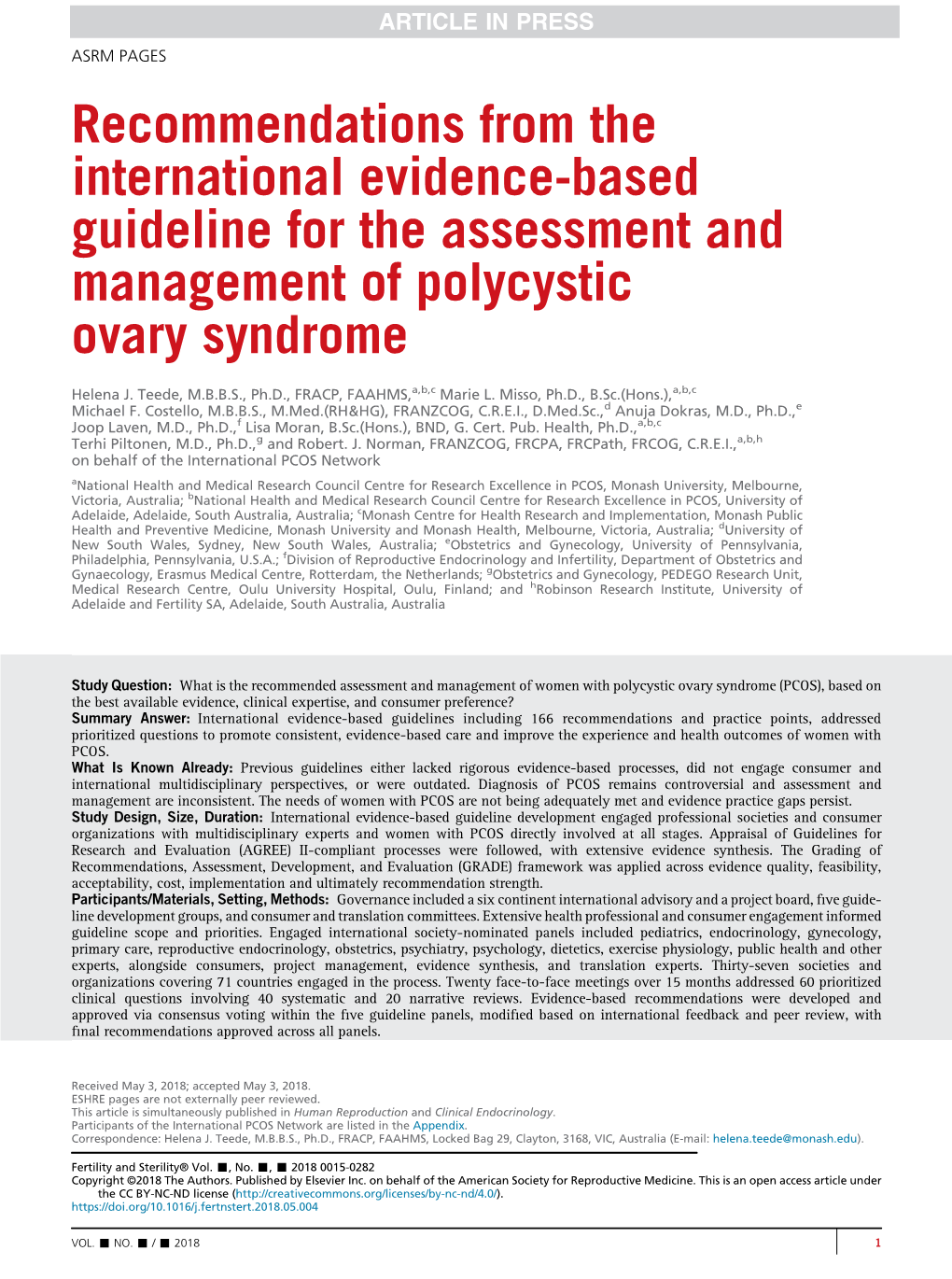 Recommendations from the International Evidence-Based Guideline for the Assessment and Management of Polycystic Ovary Syndrome