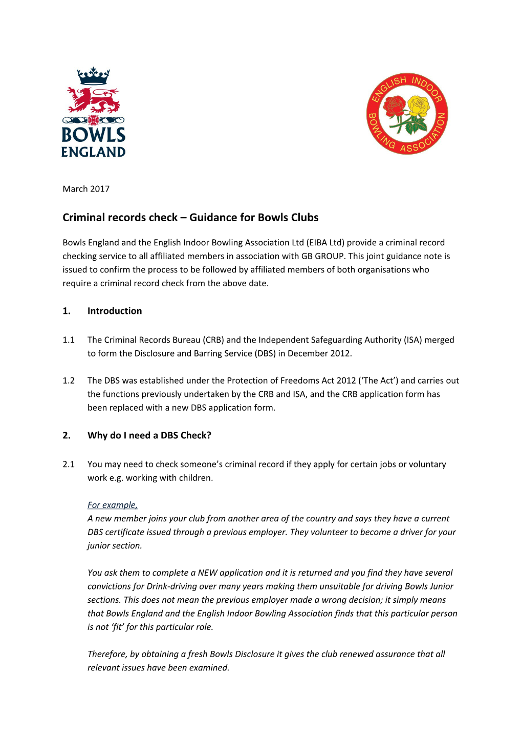 Criminal Records Check Guidance for Bowls Clubs