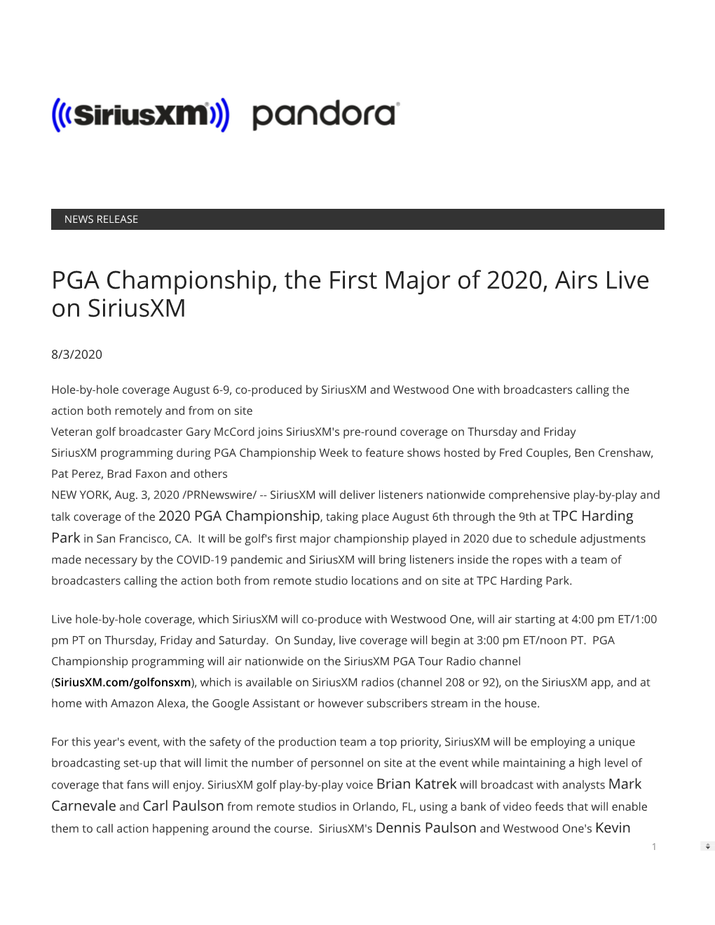 PGA Championship, the First Major of 2020, Airs Live on Siriusxm