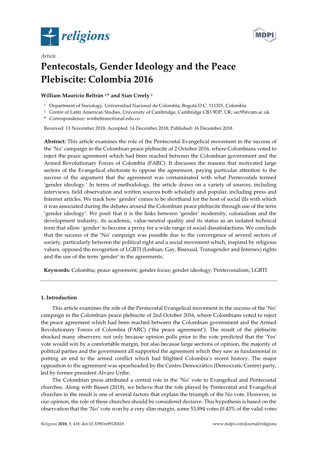 Pentecostals, Gender Ideology and the Peace Plebiscite: Colombia 2016