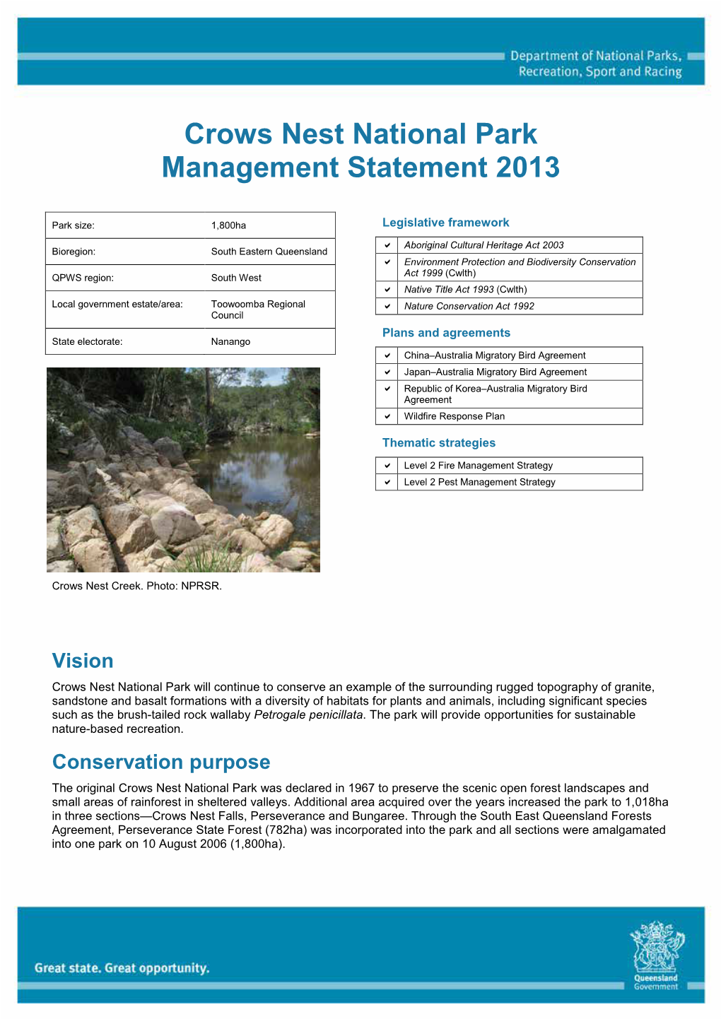 Crows Nest National Park Management Statement 2013