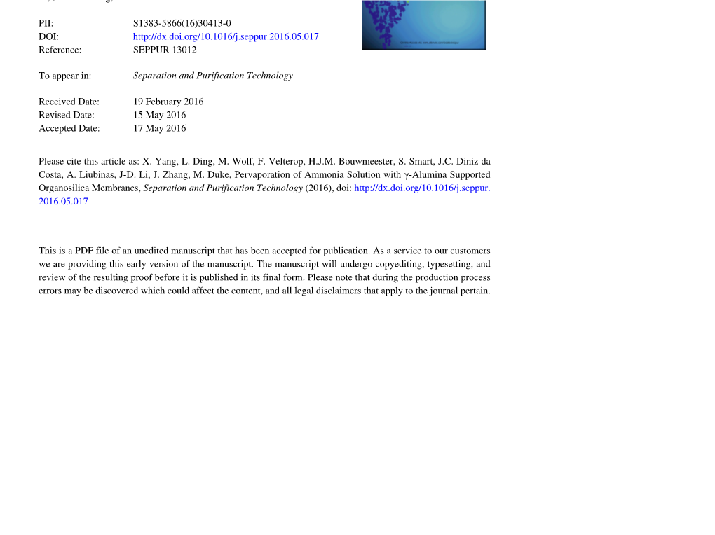 Pervaporation of Ammonia Solution with &#X003b3