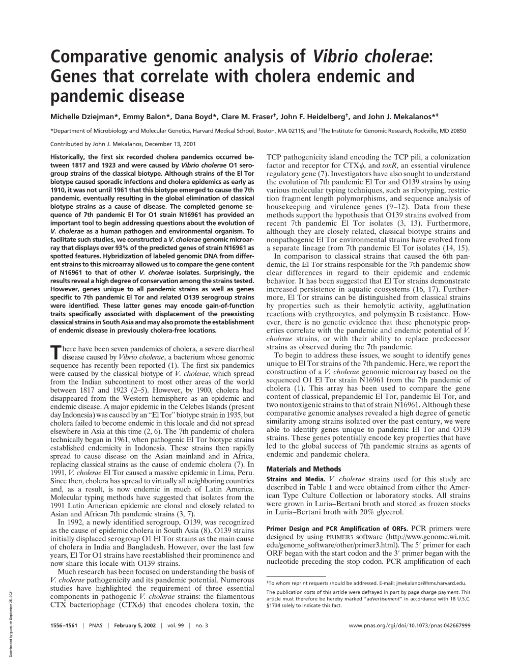 Comparative Genomic Analysis of Vibrio Cholerae: Genes That Correlate with Cholera Endemic and Pandemic Disease