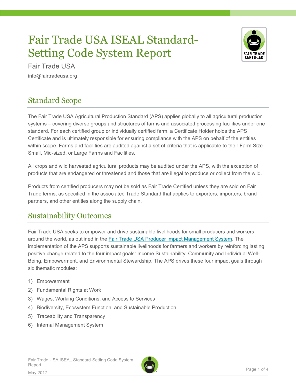 Fair Trade USA ISEAL Standard- Setting Code System Report Fair Trade USA Info@Fairtradeusa.Org
