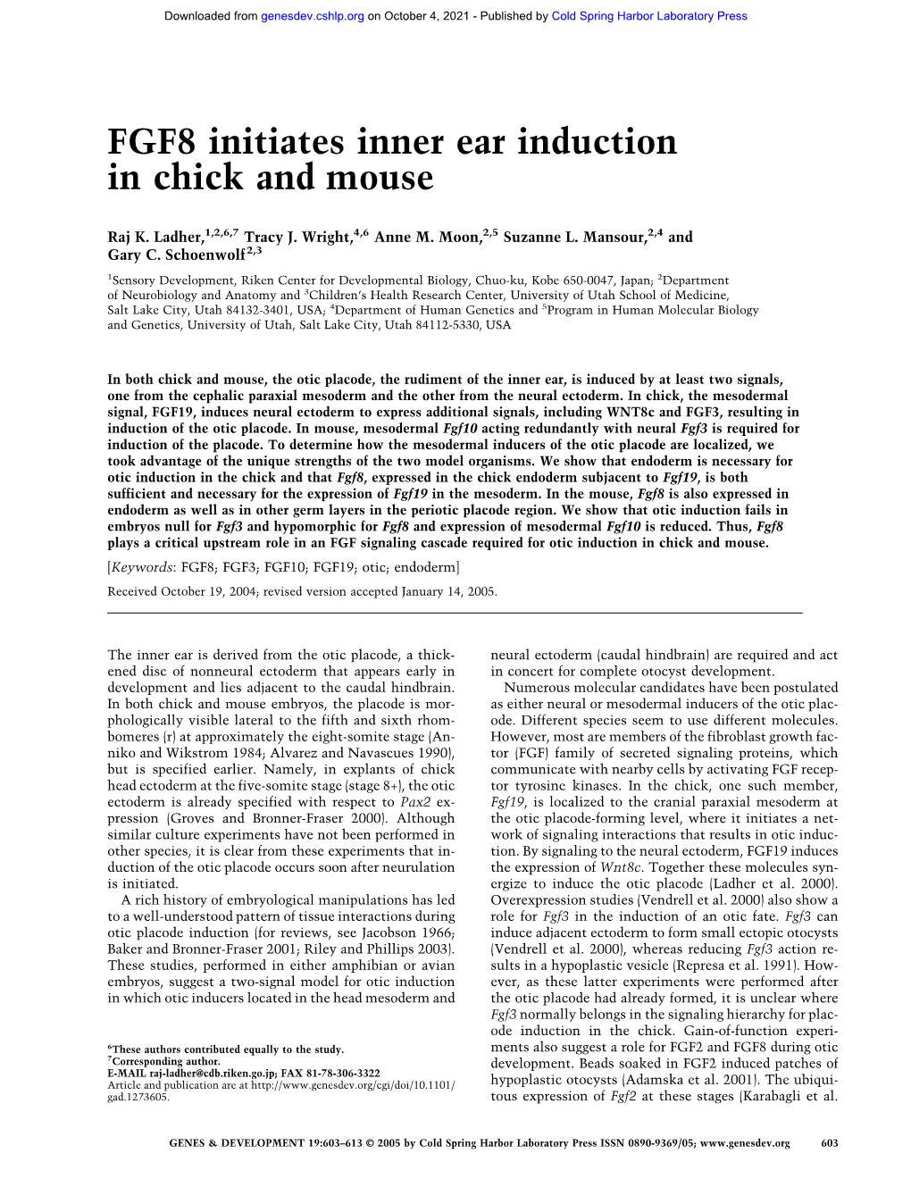 FGF8 Initiates Inner Ear Induction in Chick and Mouse