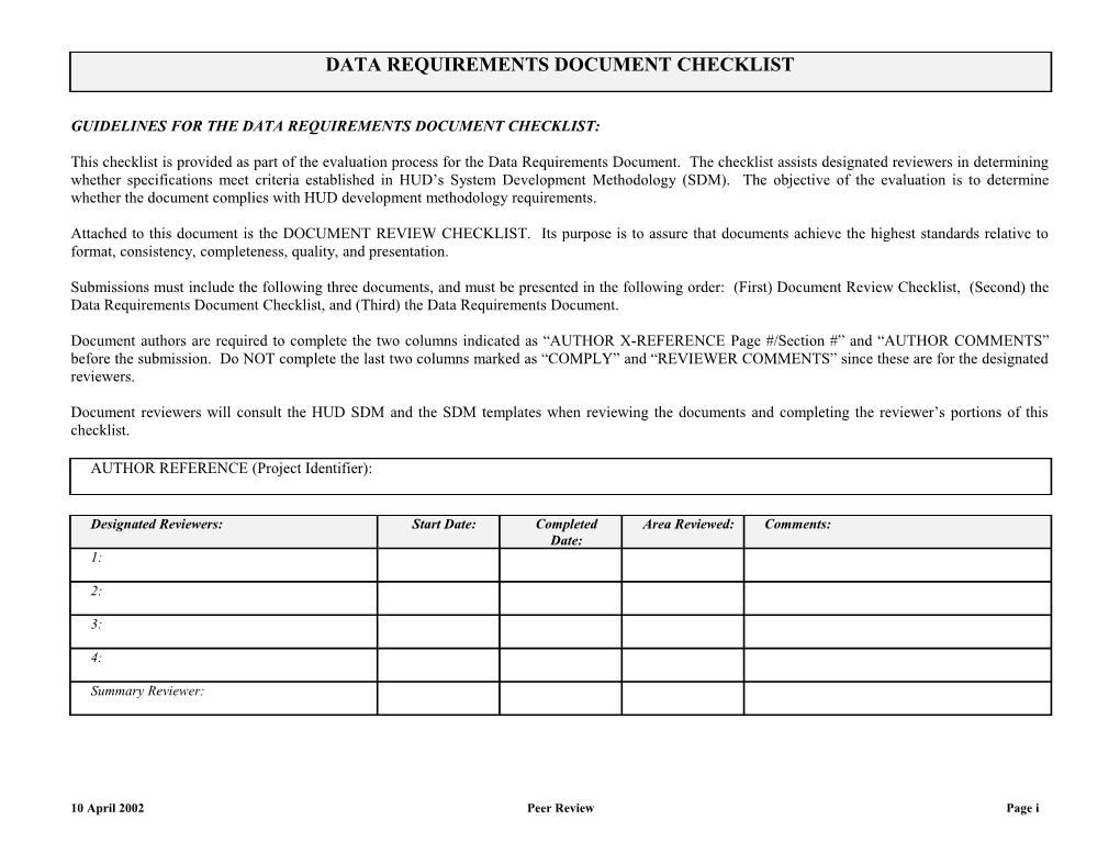 Data Requirements Document Checklist