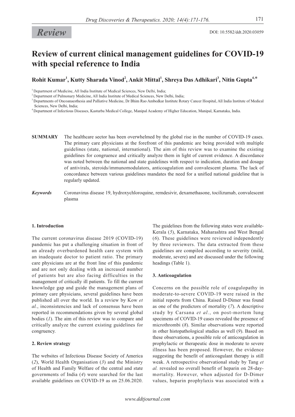 Review of Current Clinical Management Guidelines for COVID-19 with Special Reference to India