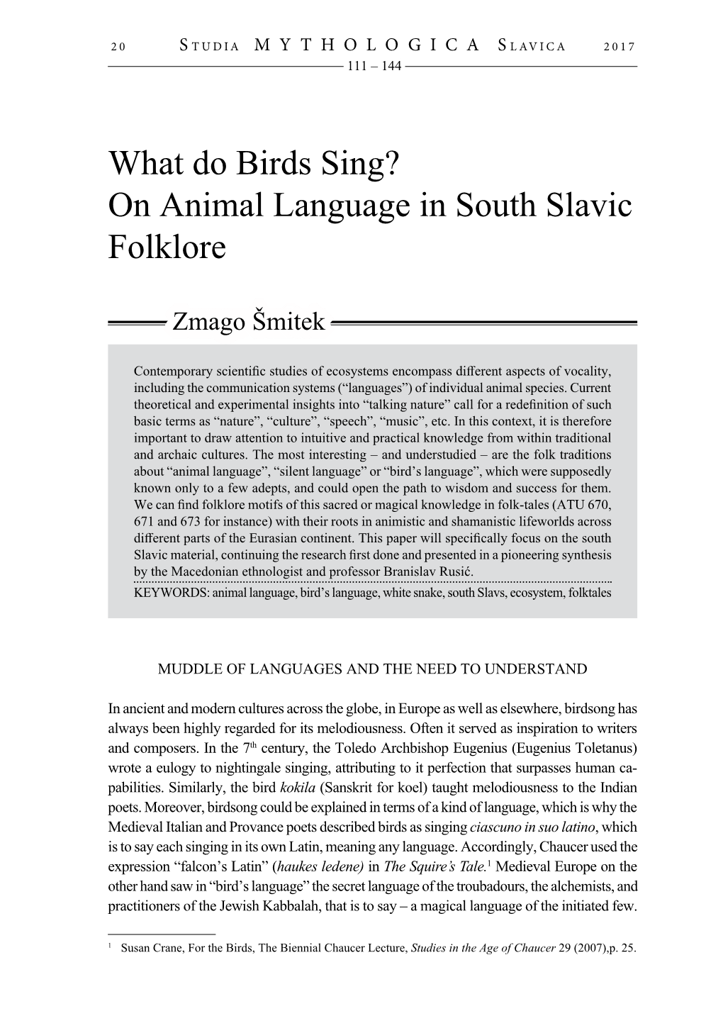 What Do Birds Sing? on Animal Language in South Slavic Folklore