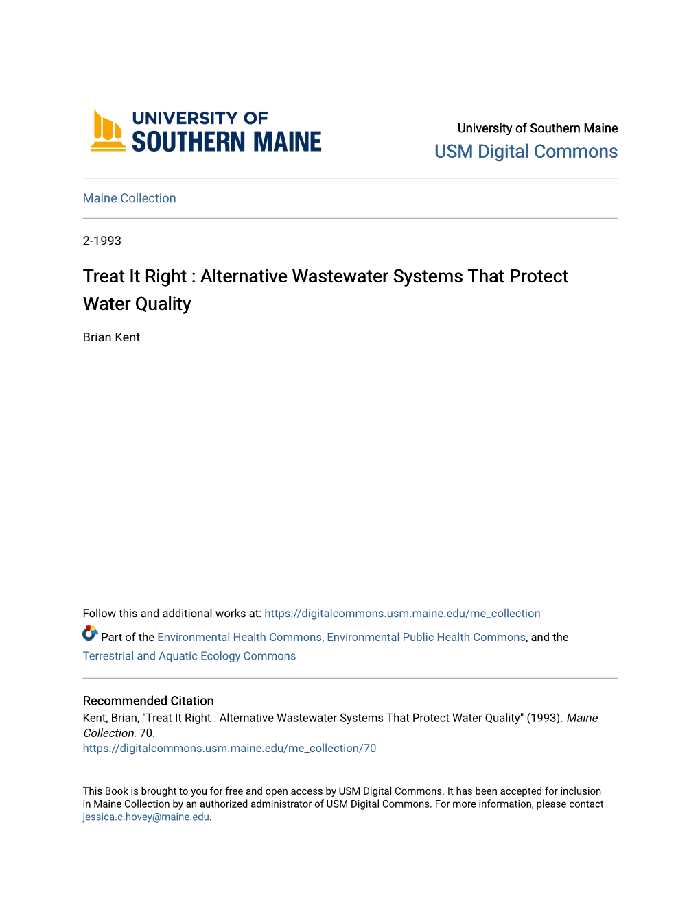 Treat It Right : Alternative Wastewater Systems That Protect Water Quality