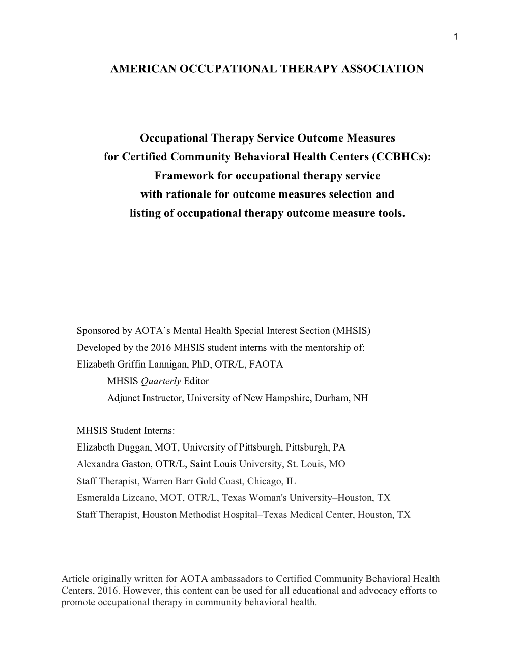 Occupational Therapy Outcome Measures for Community Mental