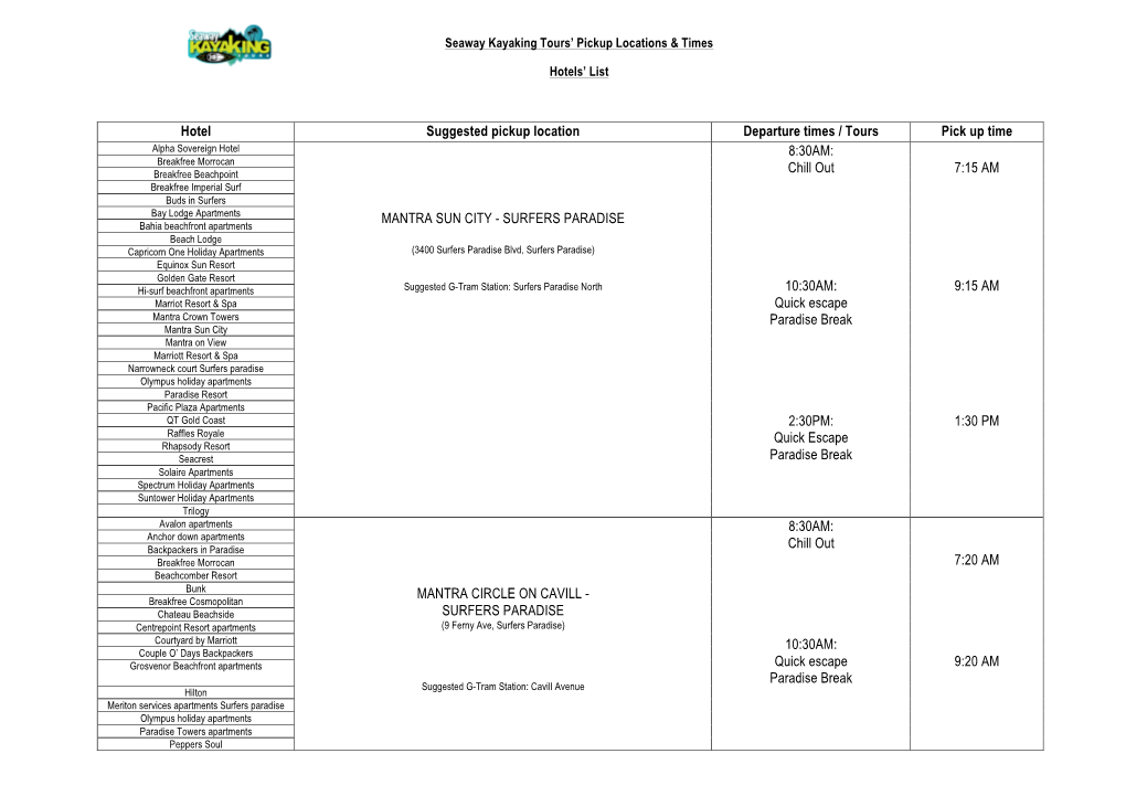 Hotel Suggested Pickup Location Departure Times / Tours Pick Up