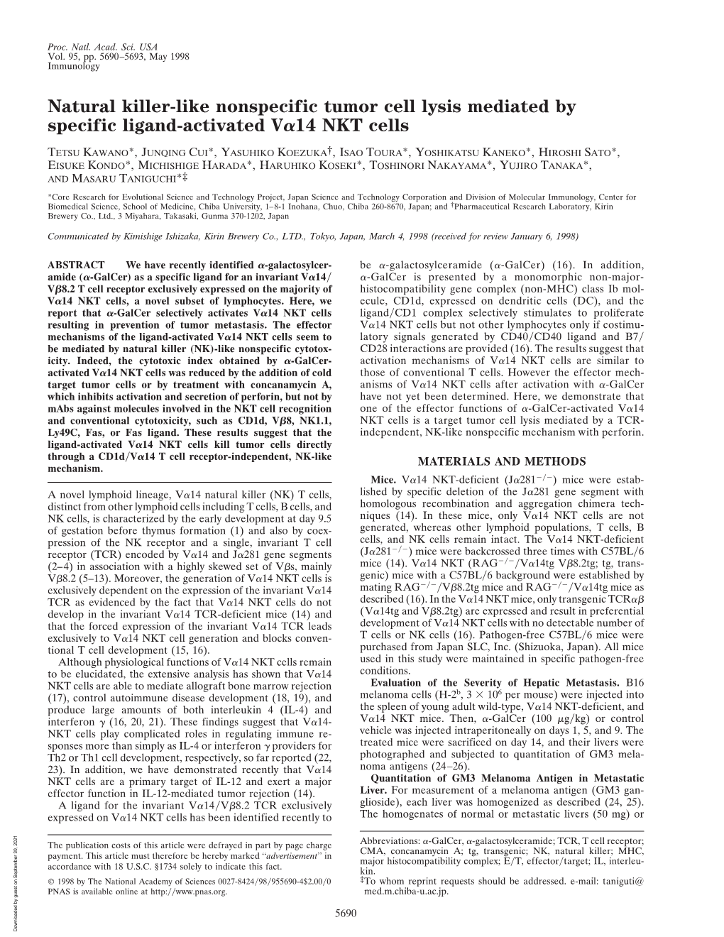 Natural Killer-Like Nonspecific Tumor Cell Lysis Mediated by Specific Ligand-Activated V␣14 NKT Cells