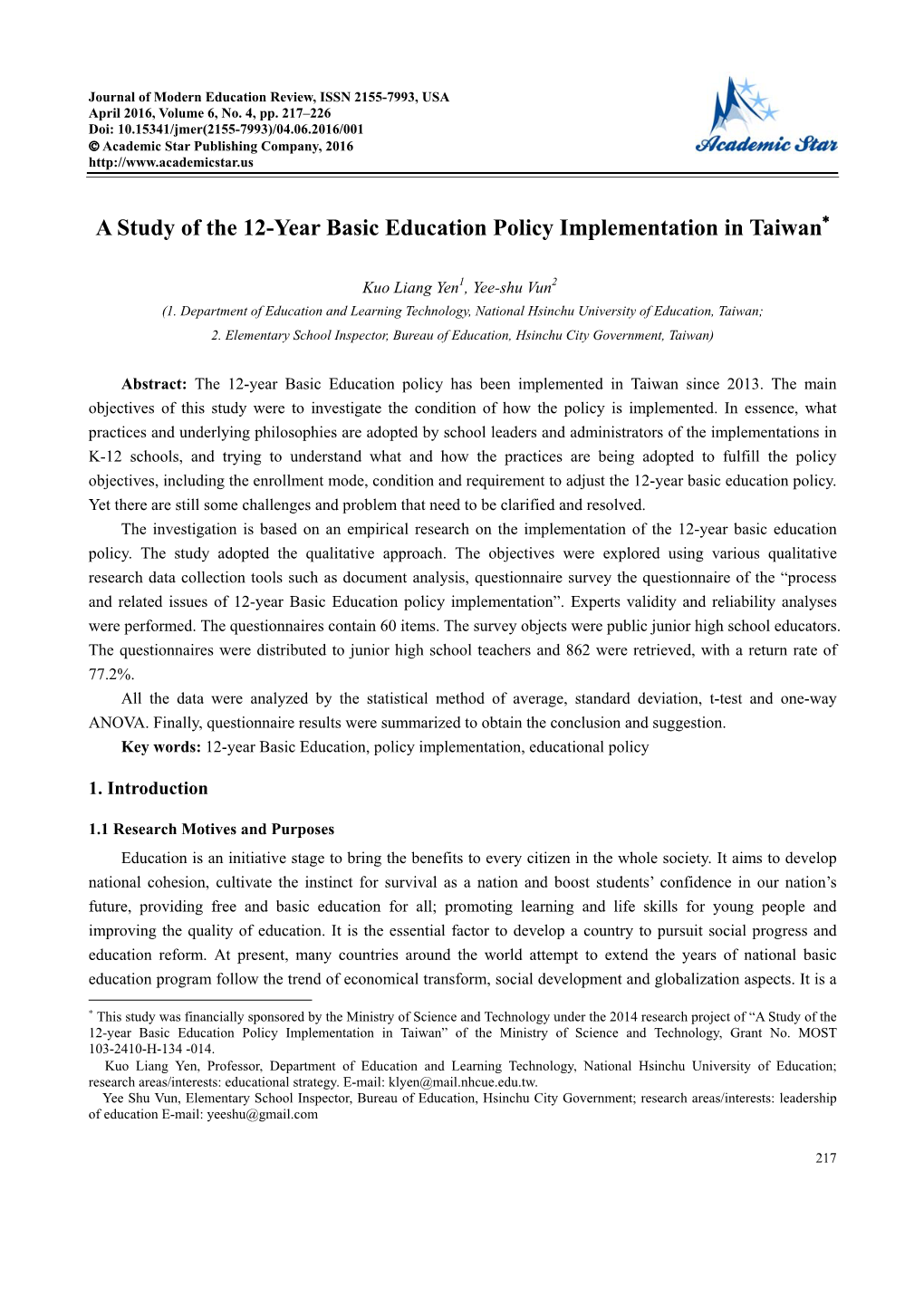 A Study of the 12-Year Basic Education Policy Implementation in Taiwan