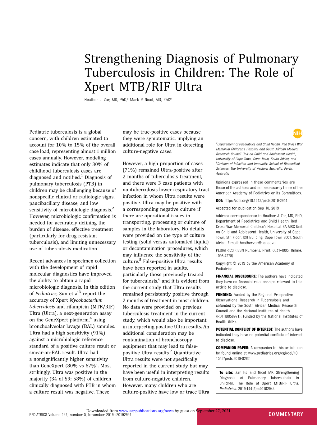 Strengthening Diagnosis of Pulmonary Tuberculosis in Children: the Role of Xpert MTB/RIF Ultra Heather J