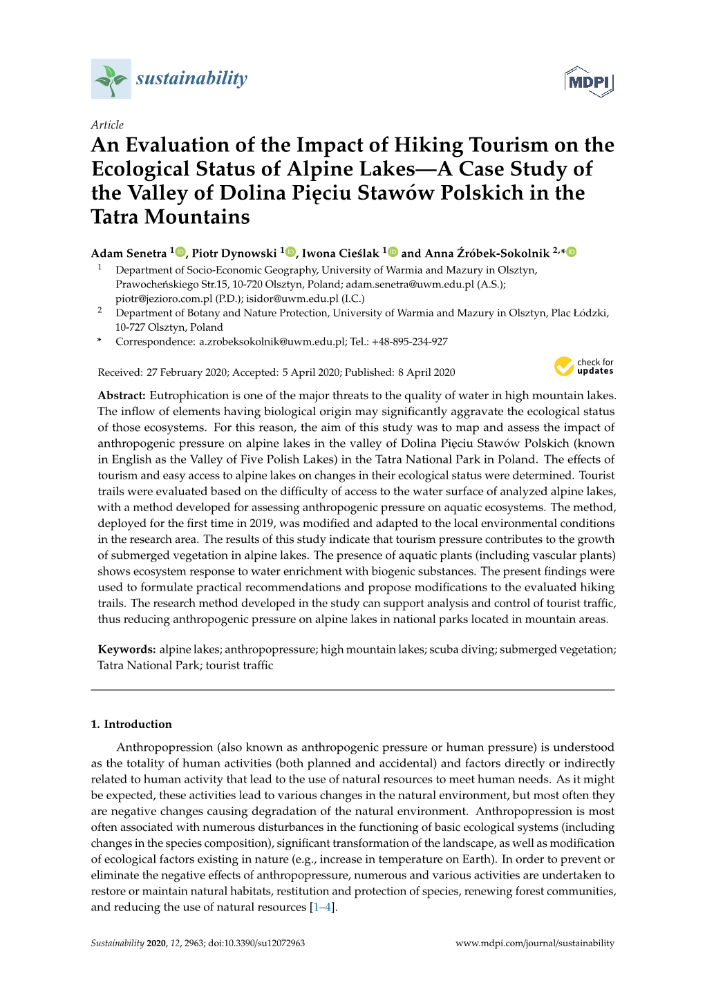 An Evaluation of the Impact of Hiking Tourism on the Ecological Status Of