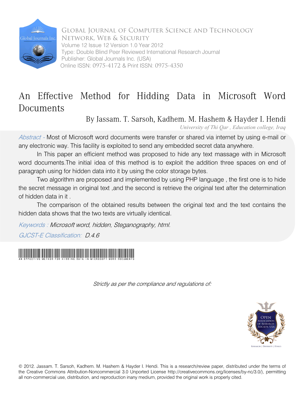 An Effective Method for Hidding Data in Microsoft Word Documents by Jassam