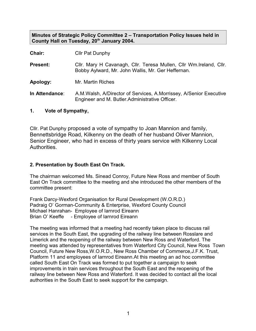 Minutes of Strategic Policy Committee 2 Transportation Policy Issues Held in the Main Meeting