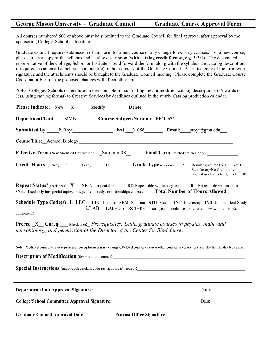 George Mason University Graduate Council Graduate Course Approval Form s1