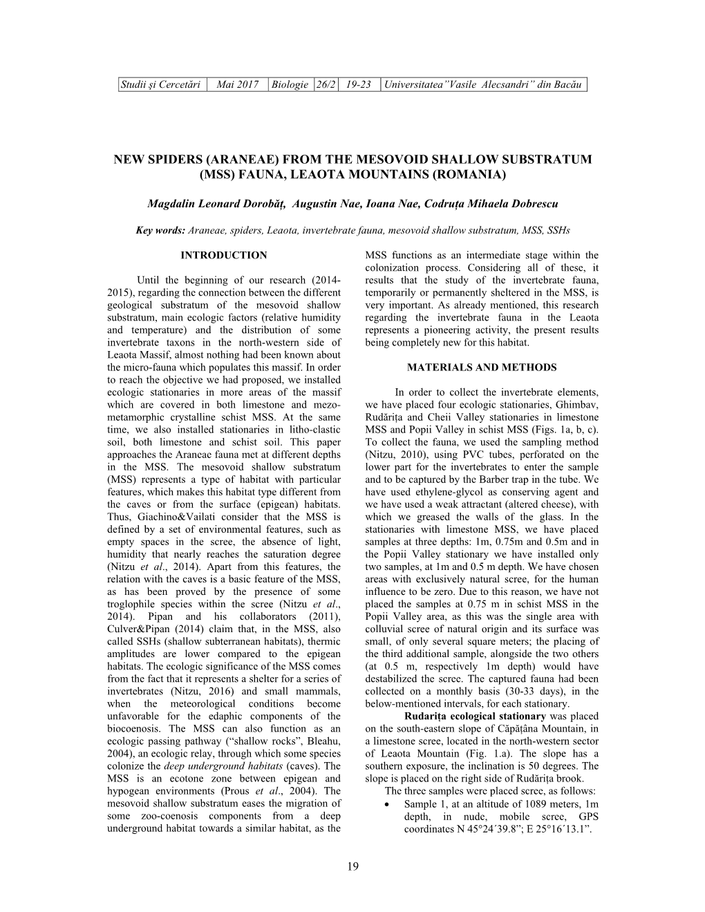 Araneae) from the Mesovoid Shallow Substratum (Mss) Fauna, Leaota Mountains (Romania)