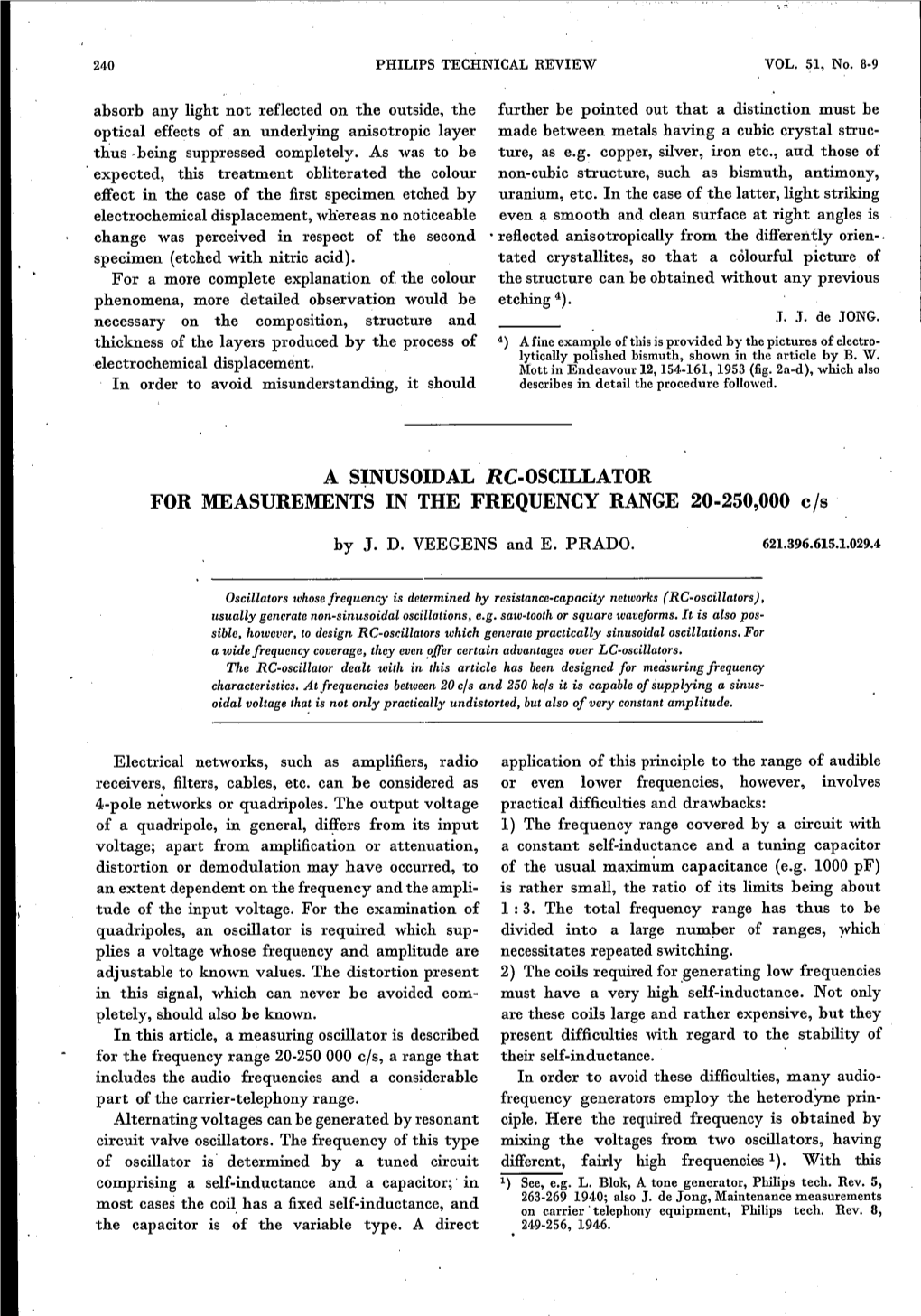 A S~NUSOIDAL RC-OSCILLATOR for MEASUREMENTS in the FREQUENCY RANGE 20-250,000 C/S