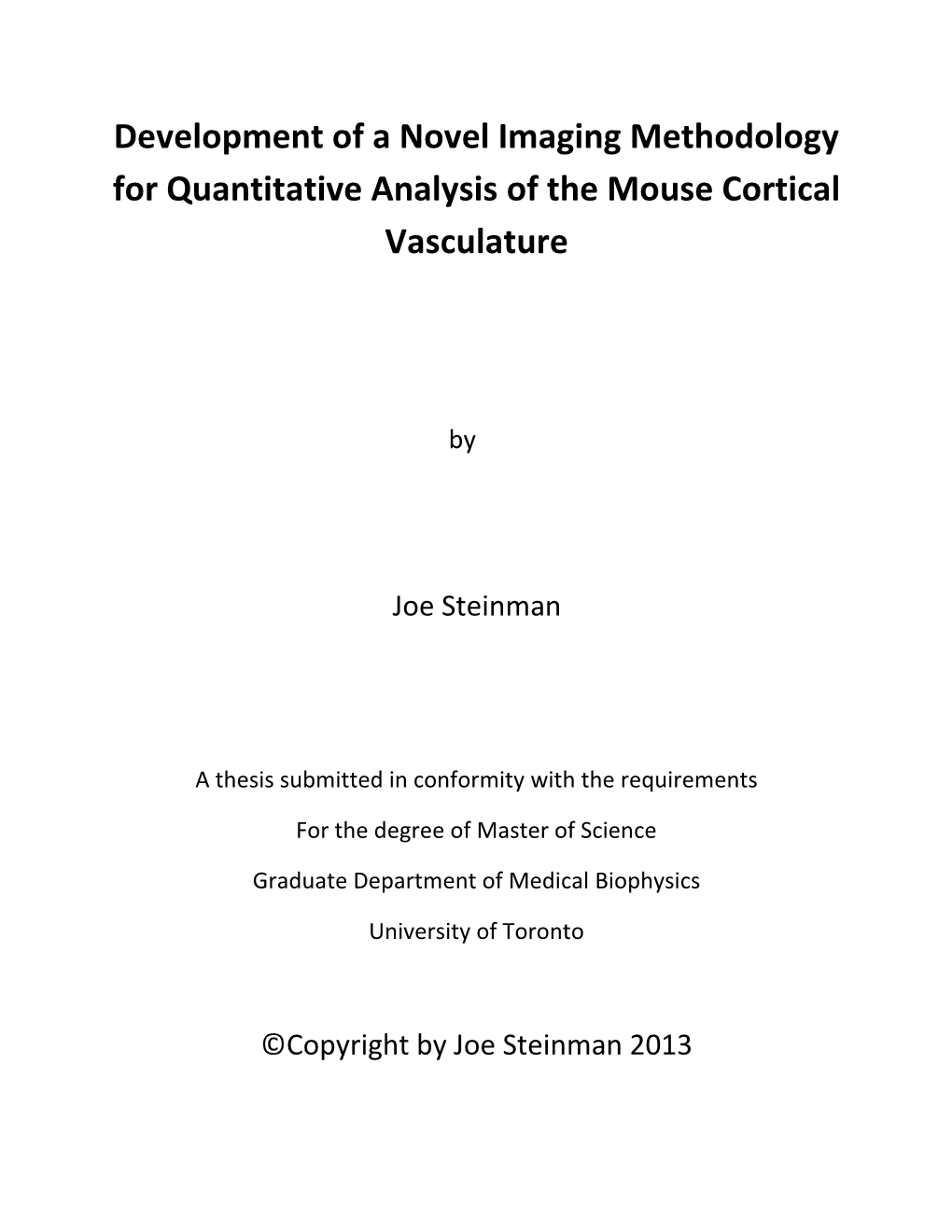 Development of a Novel Imaging Methodology for Quantitative Analysis of the Mouse Cortical Vasculature