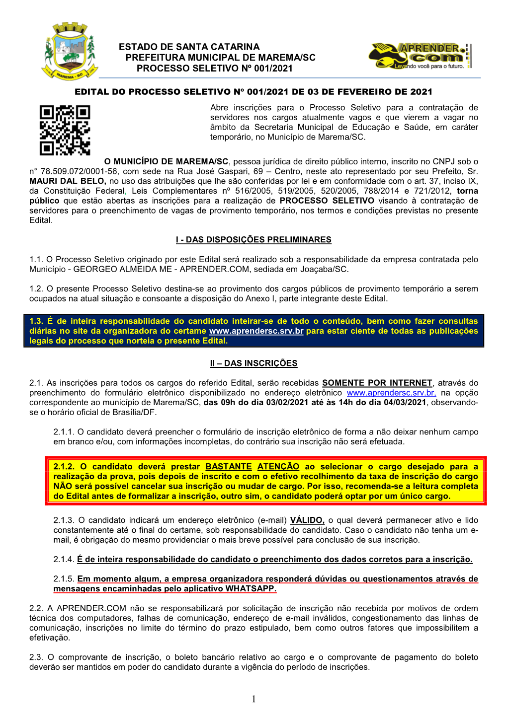 Estado De Santa Catarina Prefeitura Municipal De Marema/Sc Processo Seletivo Nº 001/2021
